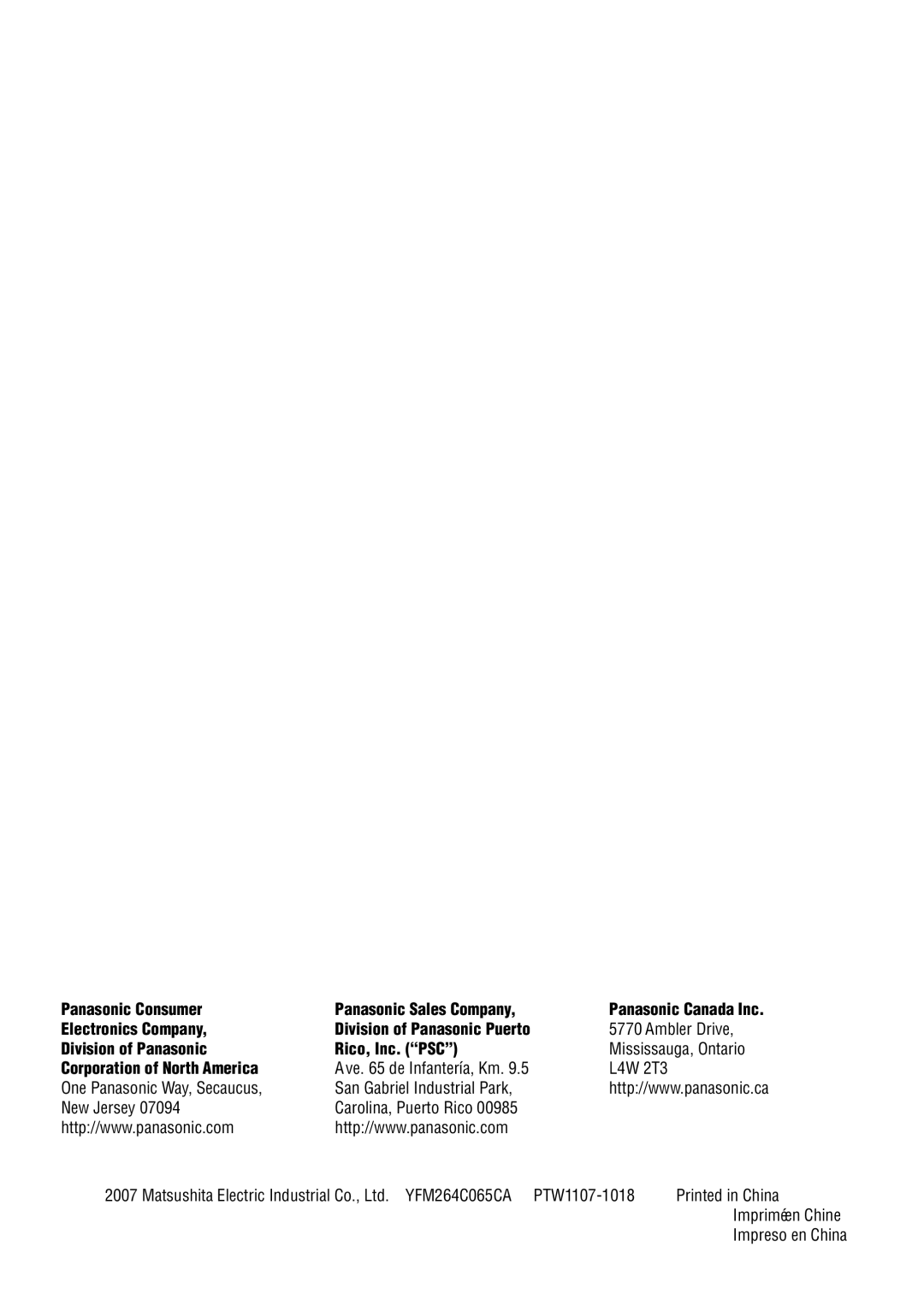 Panasonic CQ-VW100U Ambler Drive, Division of Panasonic Rico, Inc. PSC, Mississauga, Ontario, Corporation of North America 