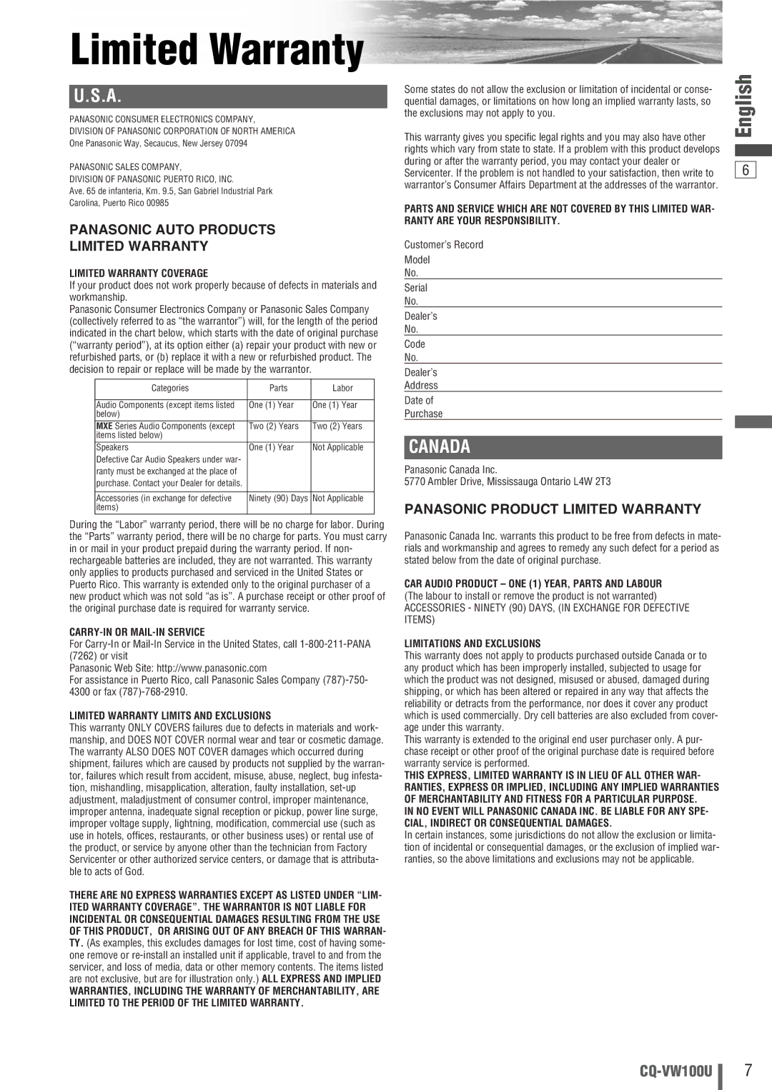 Panasonic CQ-VW100U operating instructions Limited Warranty 