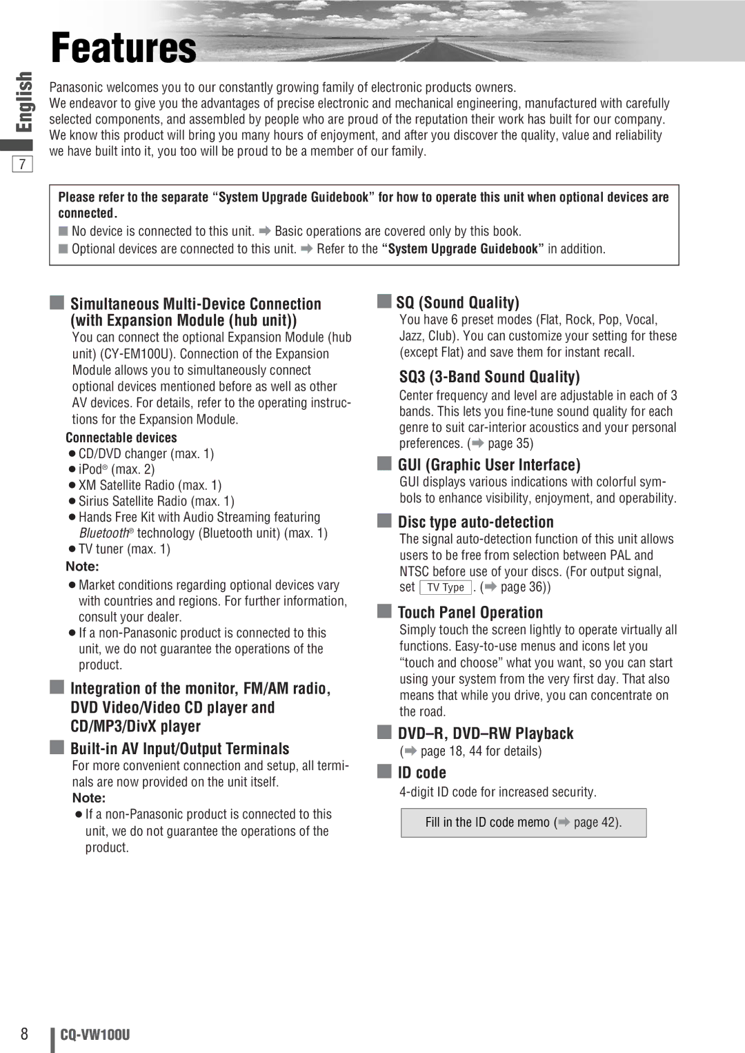 Panasonic CQ-VW100U operating instructions Features 