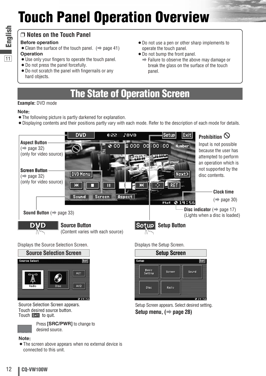 Panasonic CQ-VW100W manual Touch Panel Operation Overview, State of Operation Screen 