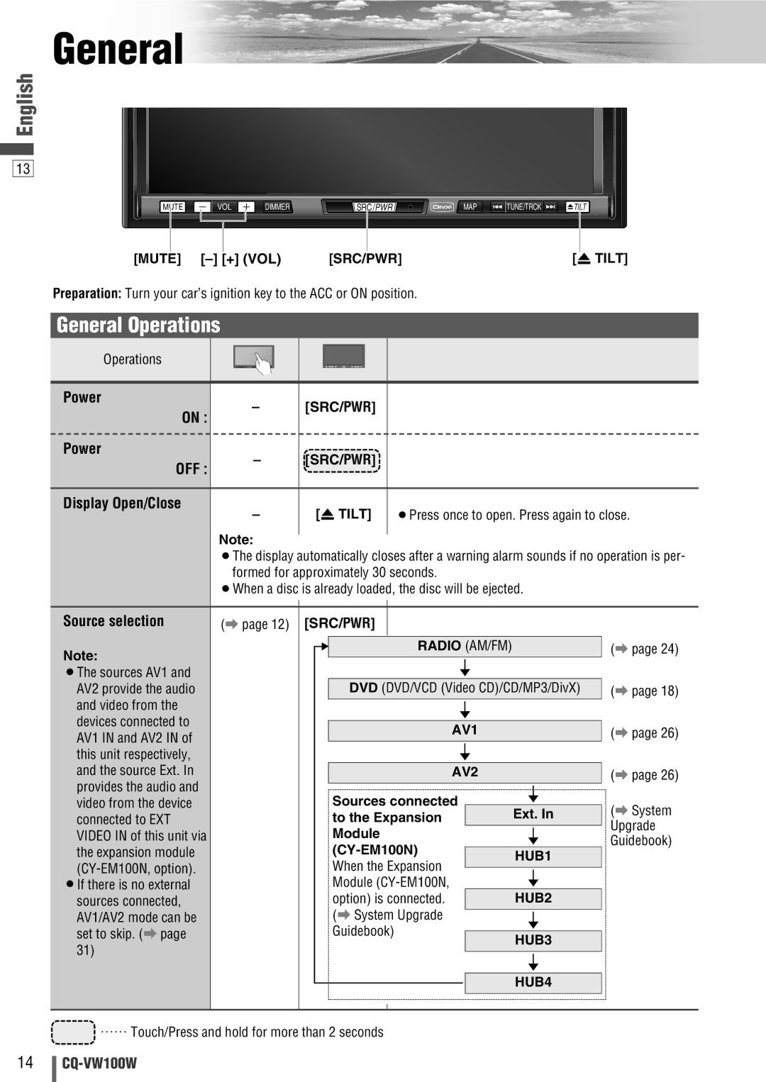 Panasonic CQ-VW100W manual General Operations 