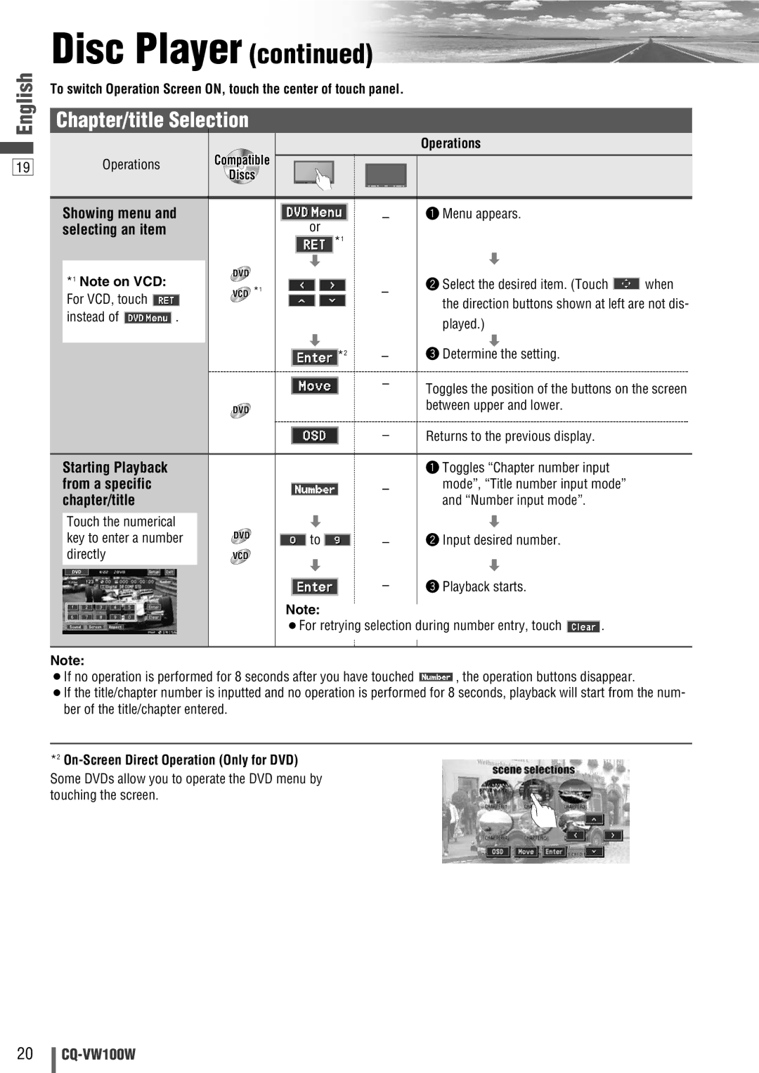 Panasonic CQ-VW100W manual Chapter/title Selection, Showing menu, From a specific 