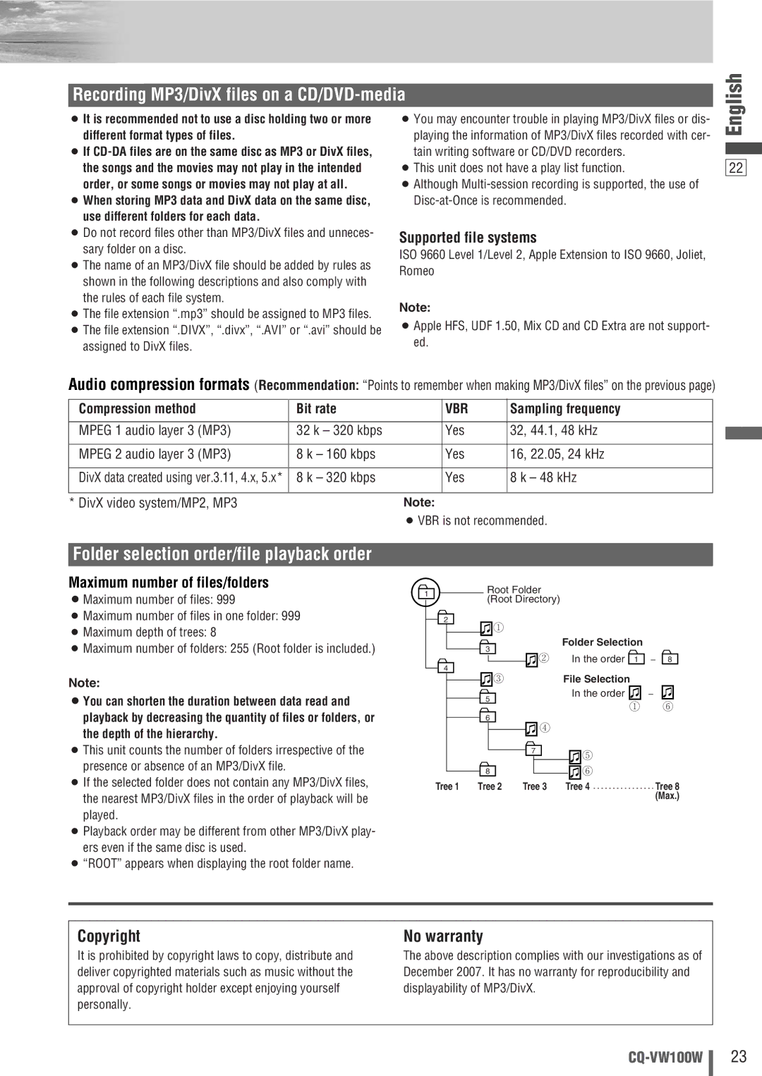 Panasonic CQ-VW100W manual Copyright, No warranty, Supported file systems, Maximum number of files/folders 