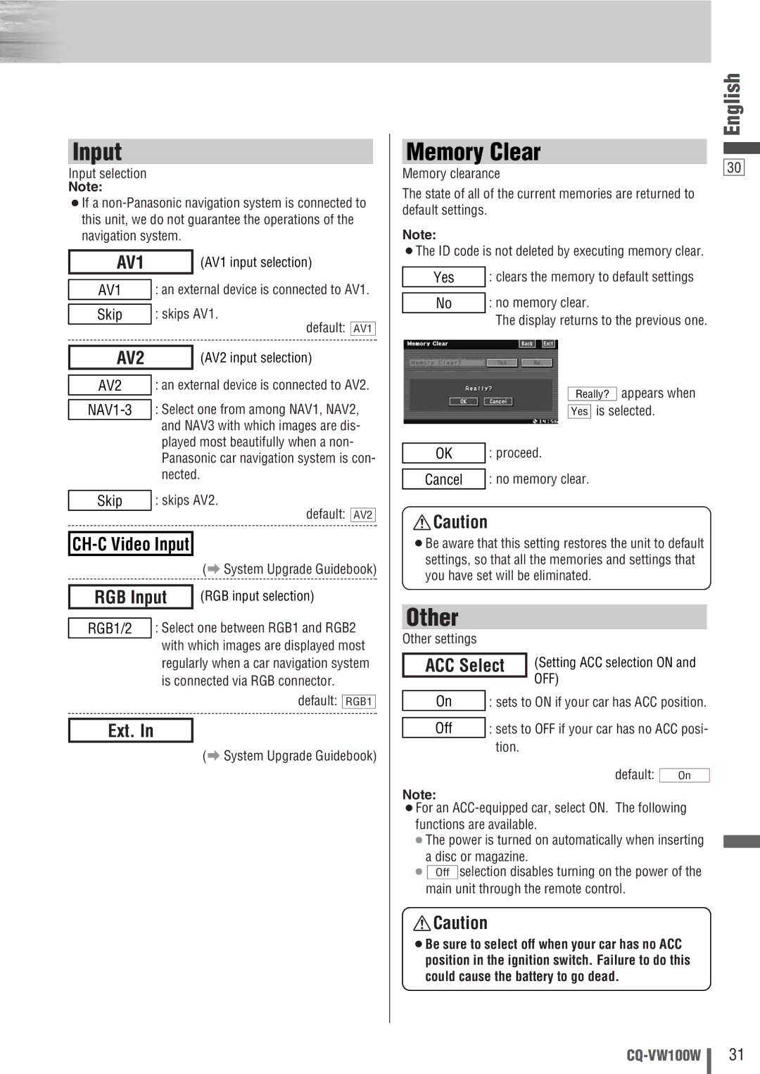 Panasonic CQ-VW100W manual Input, Memory Clear, Other 