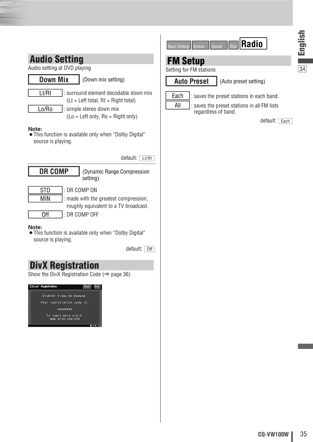 Panasonic CQ-VW100W manual Audio Setting, DivX Registration, FM Setup, Down Mix, Auto Preset 