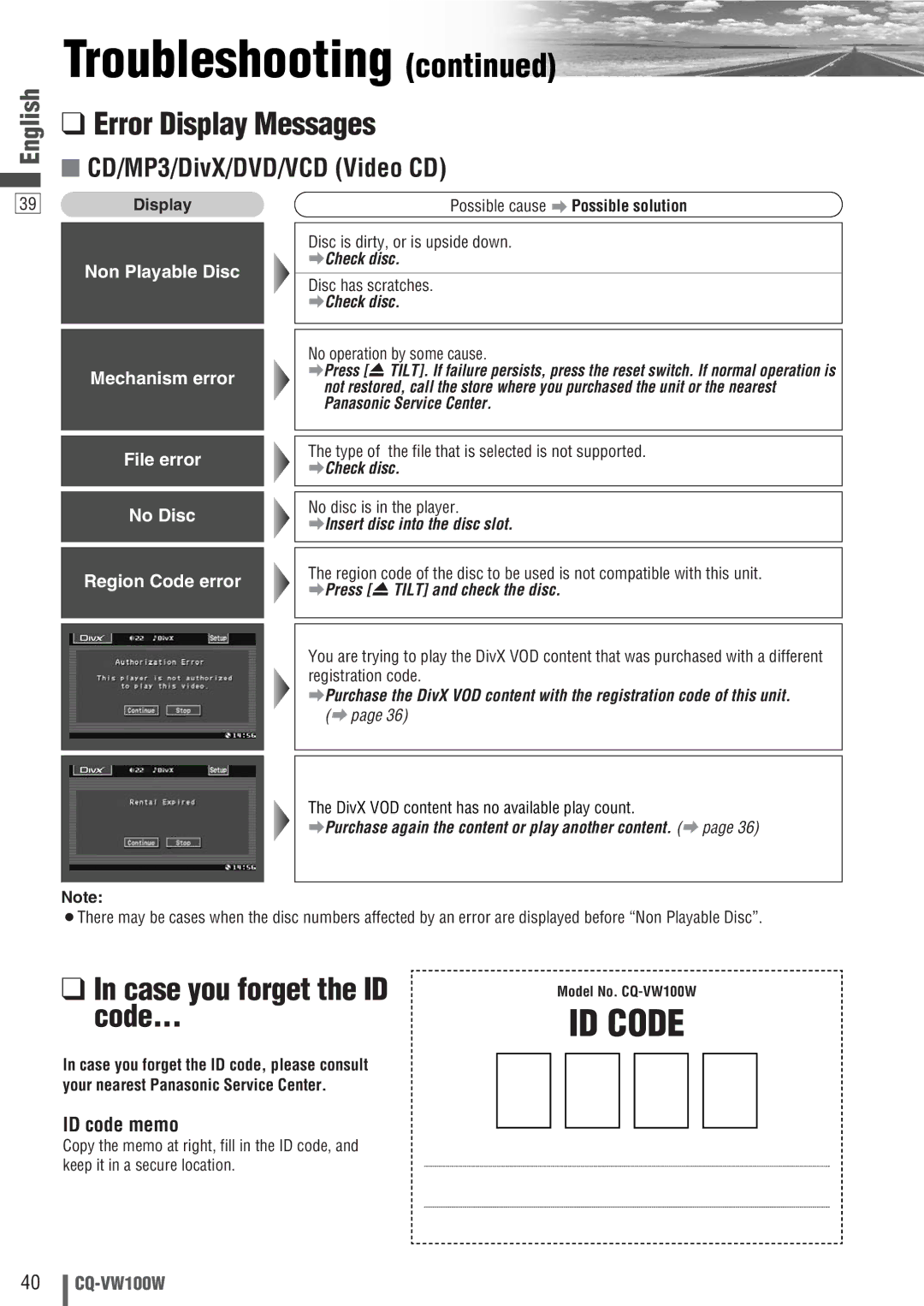 Panasonic CQ-VW100W manual Error Display Messages, Case you forget the ID code, ID code memo, No operation by some cause 