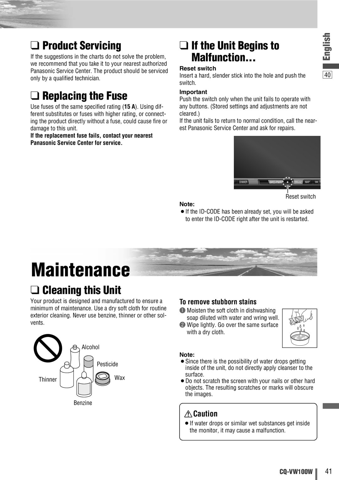 Panasonic CQ-VW100W manual Maintenance, Product Servicing, Replacing the Fuse, If the Unit Begins to Malfunction 