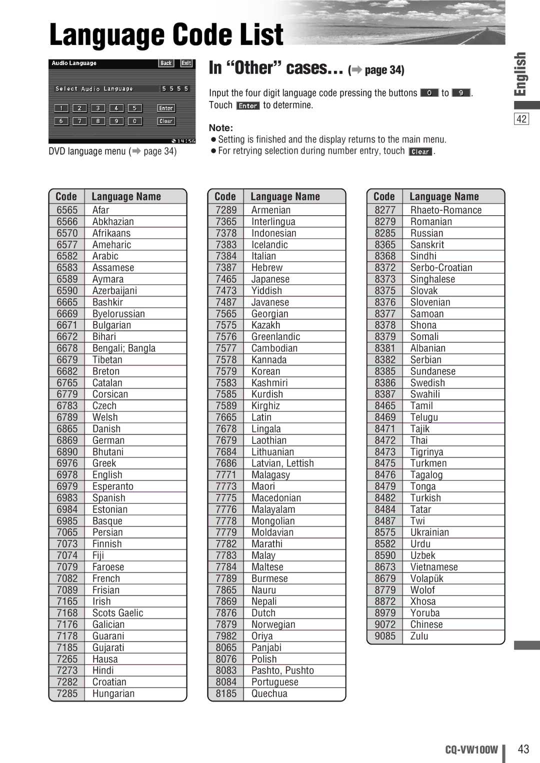 Panasonic CQ-VW100W manual Language Code List, Other cases... a, Code Language Name 