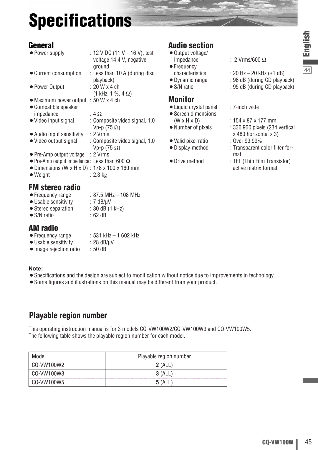 Panasonic CQ-VW100W manual Specifications, ¡Power Output X 4 ch ¡S/N ratio, KHz, 1 %, 4 Ω 