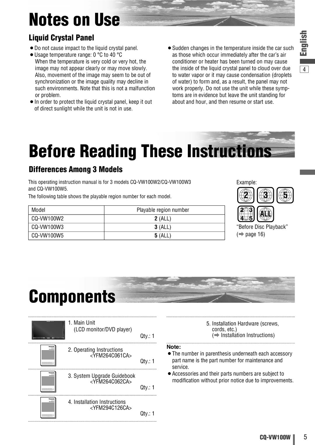 Panasonic CQ-VW100W manual Before Reading These Instructions, Components 