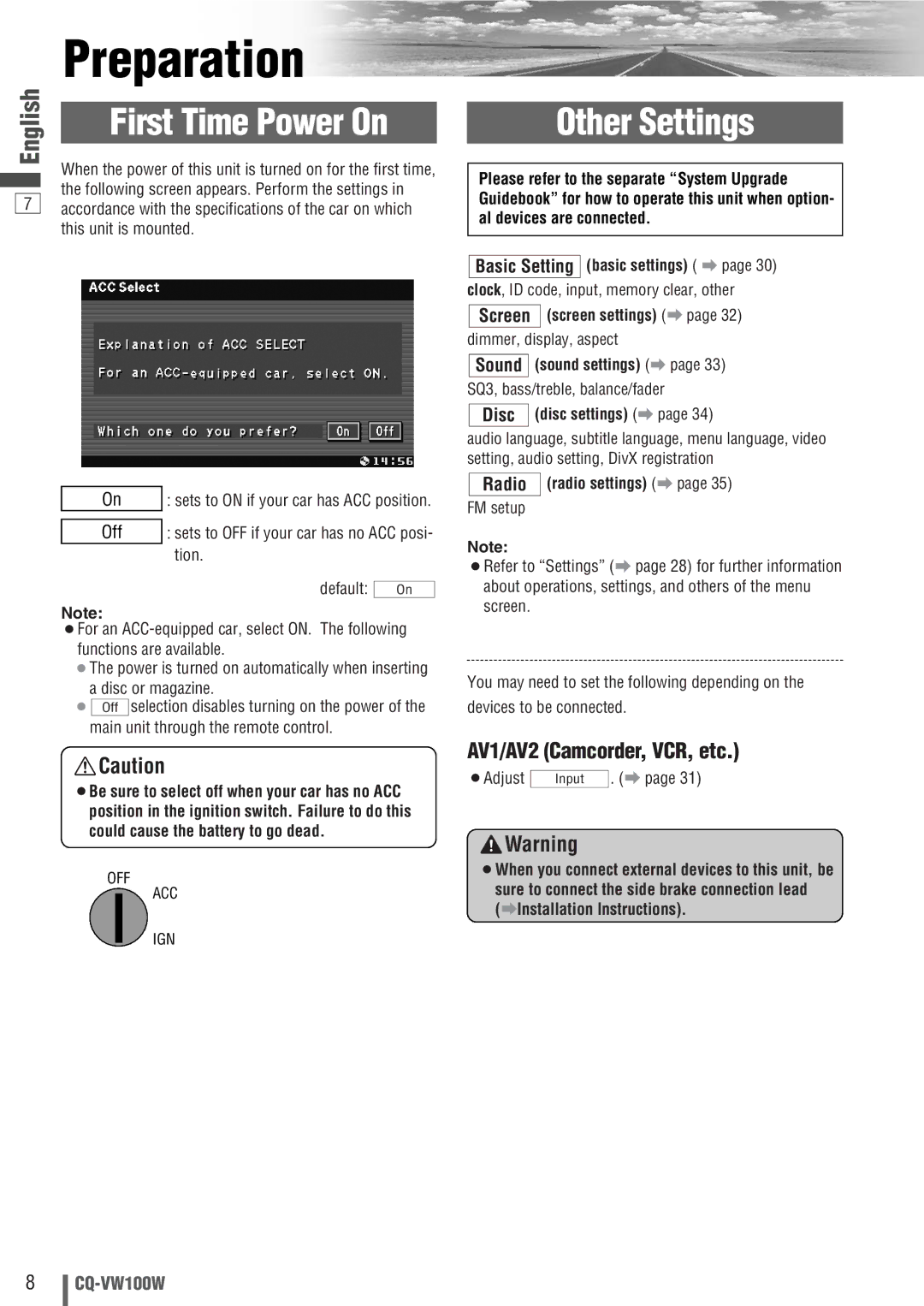 Panasonic CQ-VW100W Preparation, Other Settings, AV1/AV2 Camcorder, VCR, etc, Disc disc settings a, Radio radio settings a 