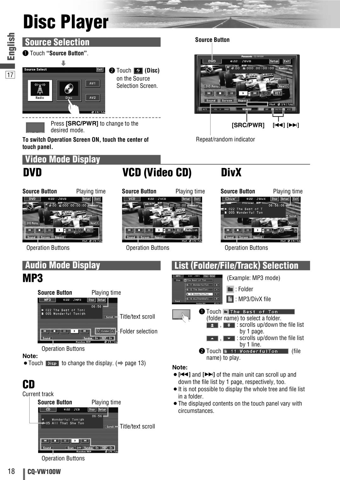 Panasonic CQ-VW100W Disc Player, VCD Video CD, DivX, Source Selection, Video Mode Display, Audio Mode Display, English 