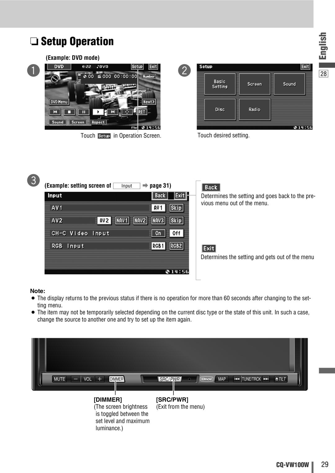 Panasonic CQ-VW100W manual Setup Operation, English, Example DVD mode, e Example setting screen of, a page, Dimmersrc/Pwr 