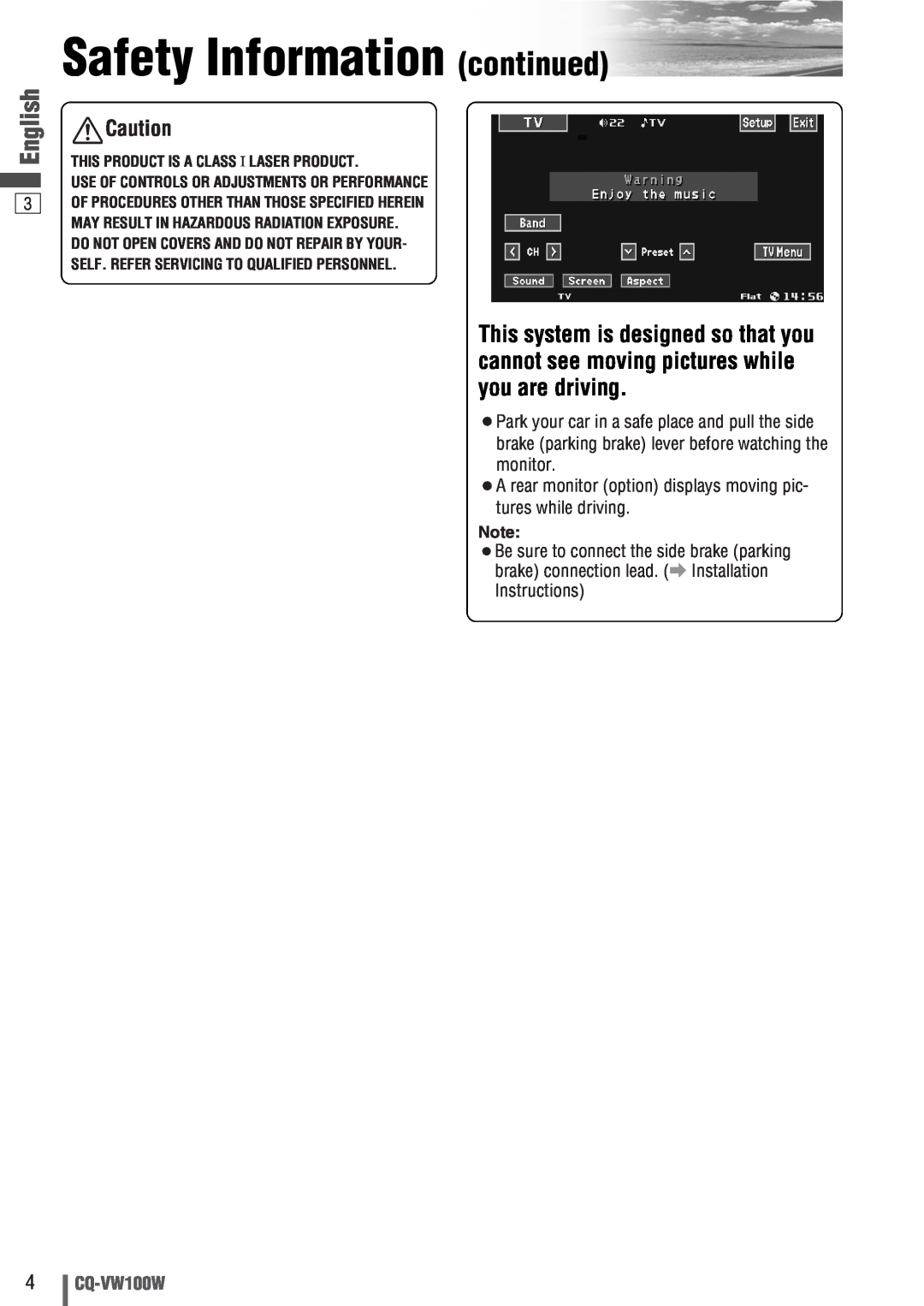 Panasonic CQ-VW100W manual Safety Information continued, English 