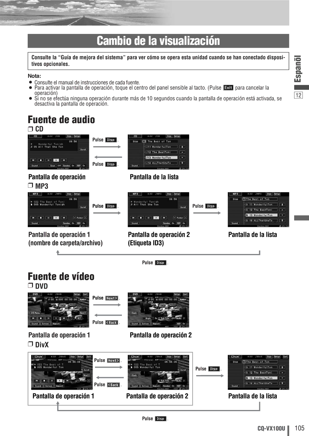 Panasonic CQ-VX100U warranty Cambio de la visualización, Fuente de audio, Fuente de vídeo, MP3, DivX 