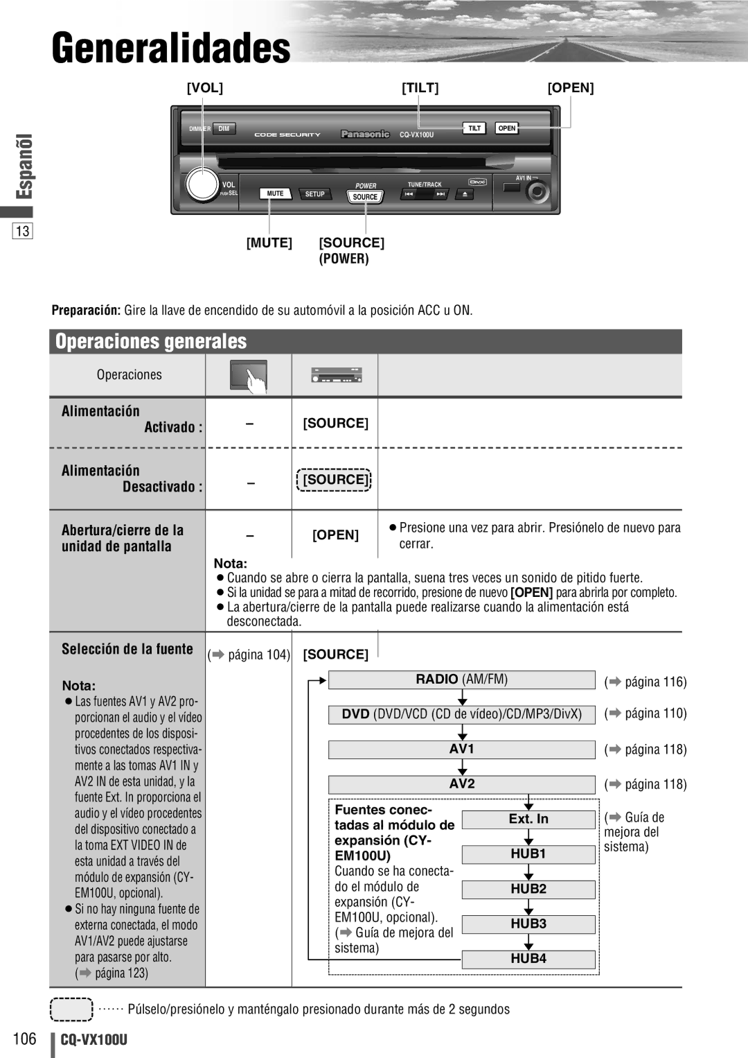 Panasonic CQ-VX100U warranty Generalidades, Operaciones generales 