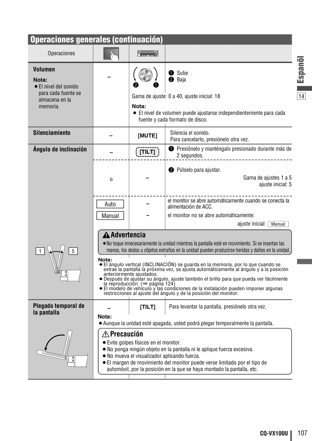 Panasonic CQ-VX100U warranty Operaciones generales continuación, Volumen, Auto, Manual, La pantalla 