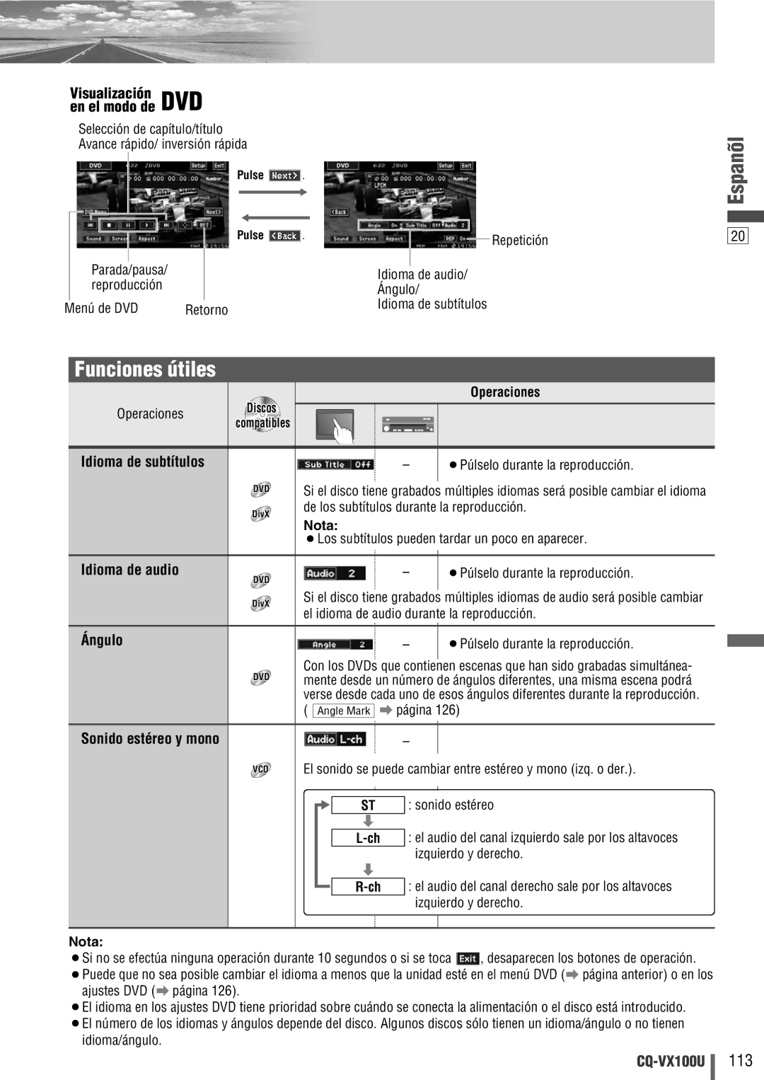 Panasonic CQ-VX100U warranty Funciones útiles, Idioma de subtítulos, Idioma de audio, Ángulo, Sonido estéreo y mono 