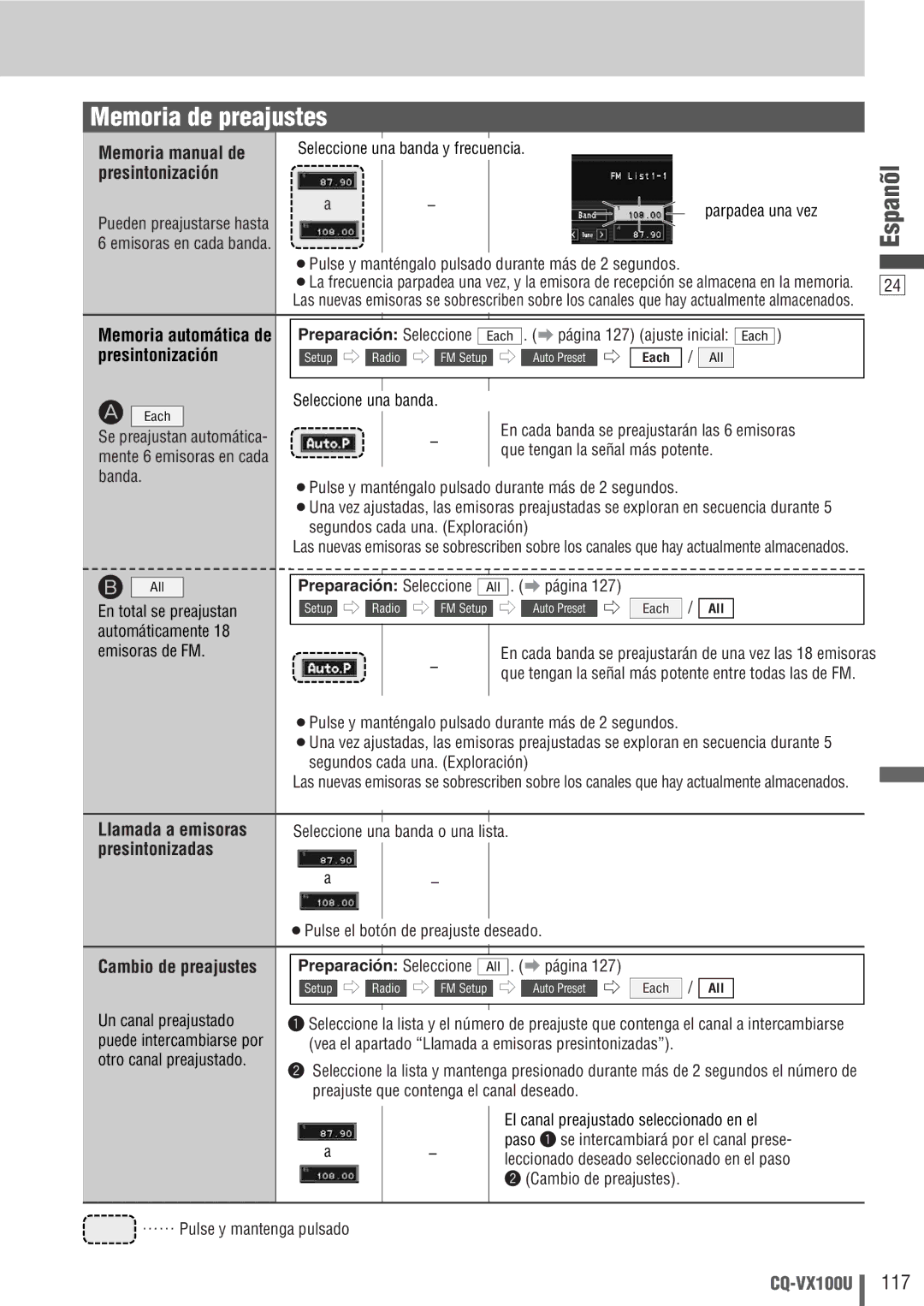 Panasonic CQ-VX100U warranty Memoria de preajustes 