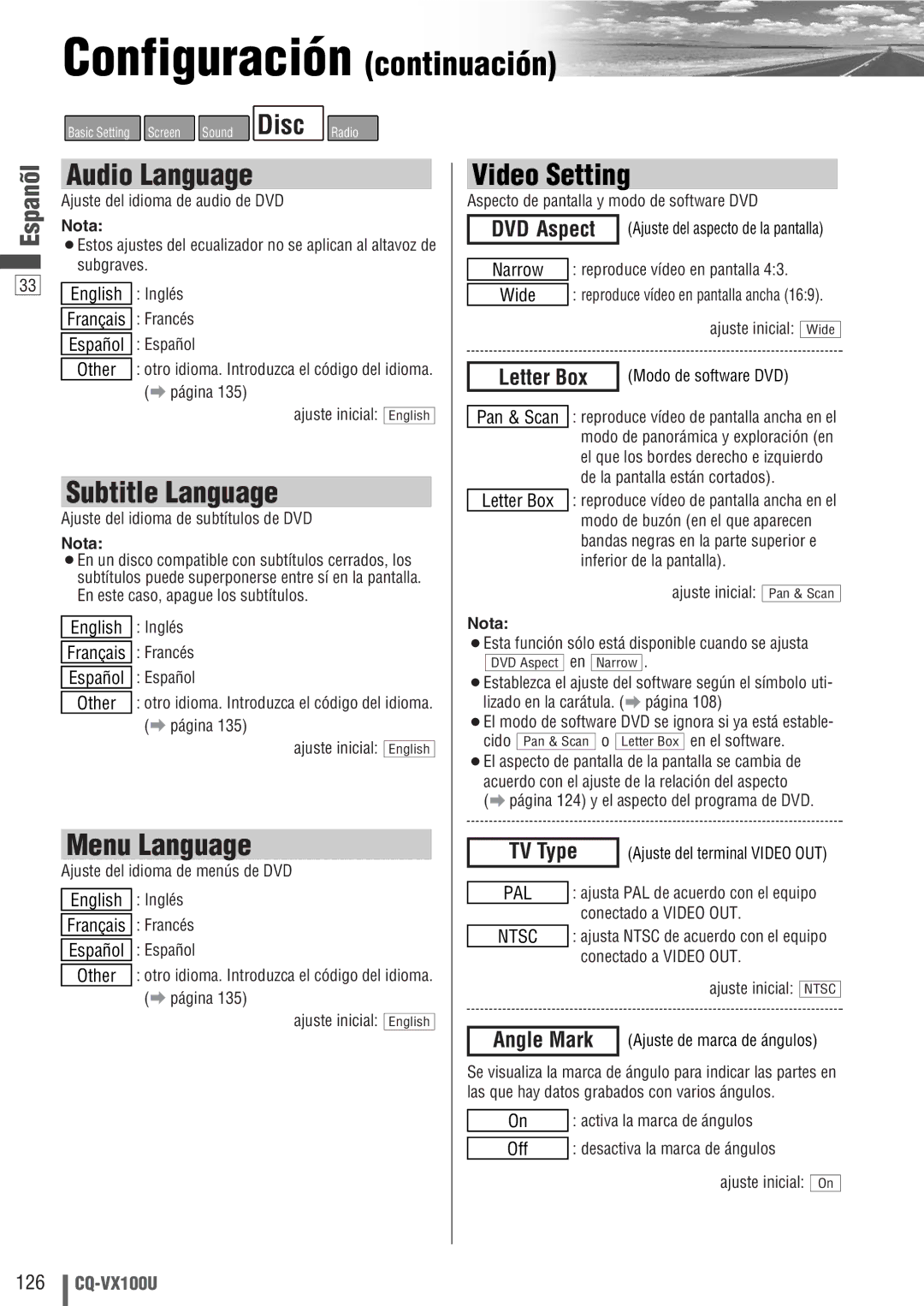 Panasonic CQ-VX100U warranty Audio Language, Subtitle Language Video Setting, Menu Language, DVD Aspect, Letter Box 