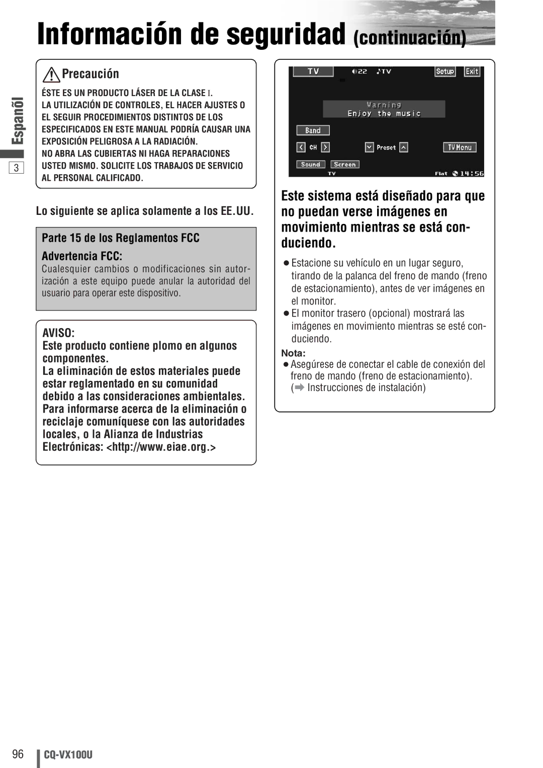 Panasonic CQ-VX100U warranty Información de seguridad continuación, Nota 