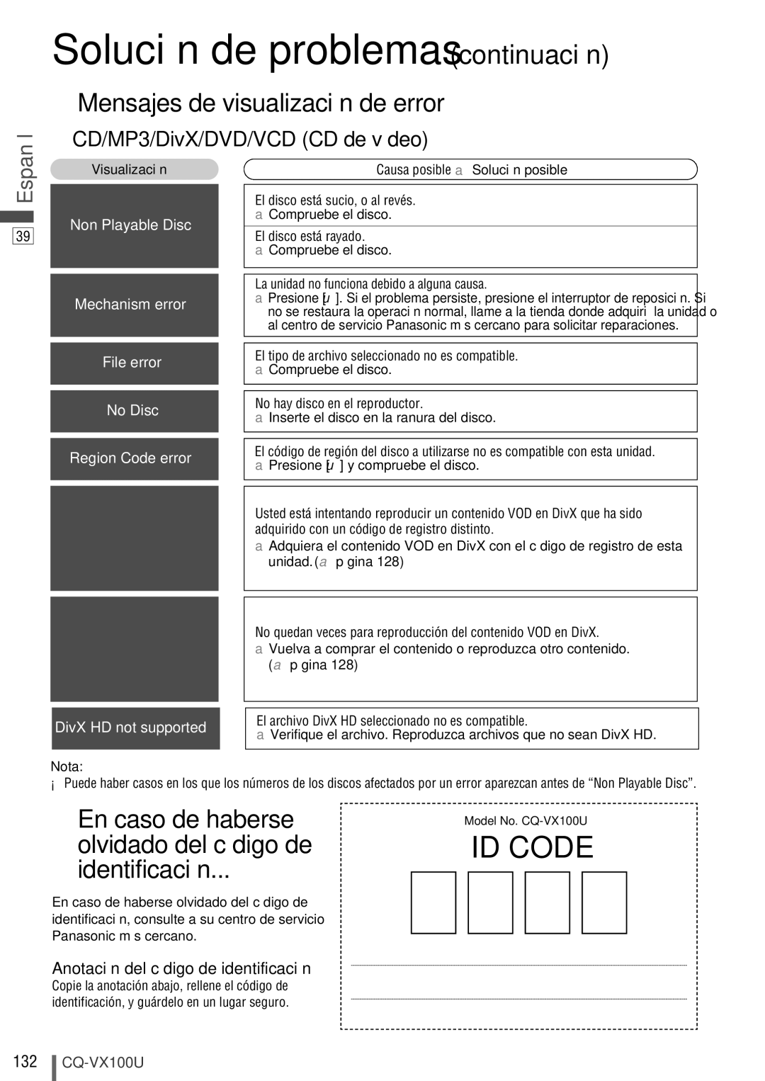 Panasonic CQ-VX100U warranty Mensajes de visualización de error, Anotación del código de identificación 