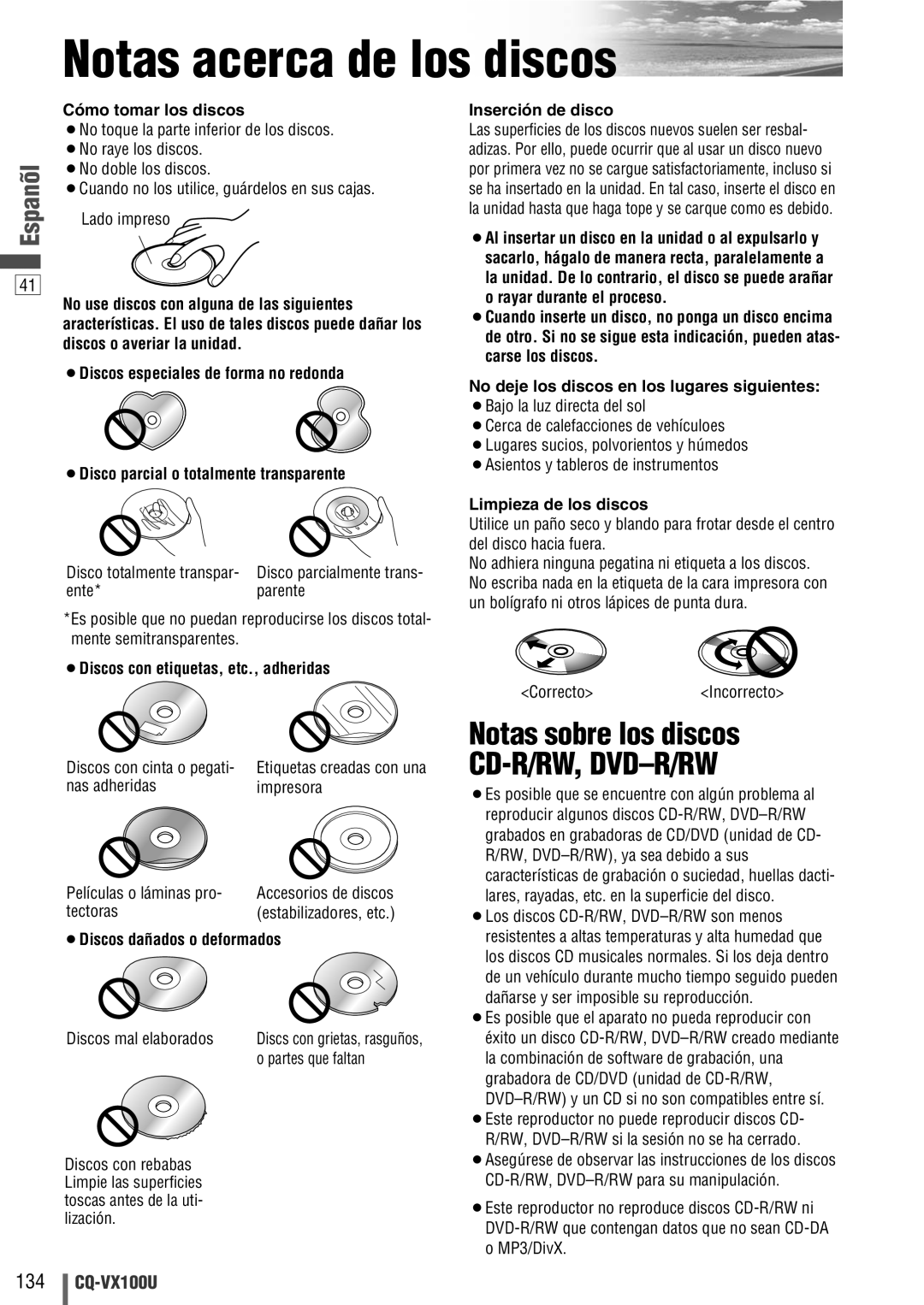 Panasonic CQ-VX100U warranty Notas acerca de los discos, Notas sobre los discos 