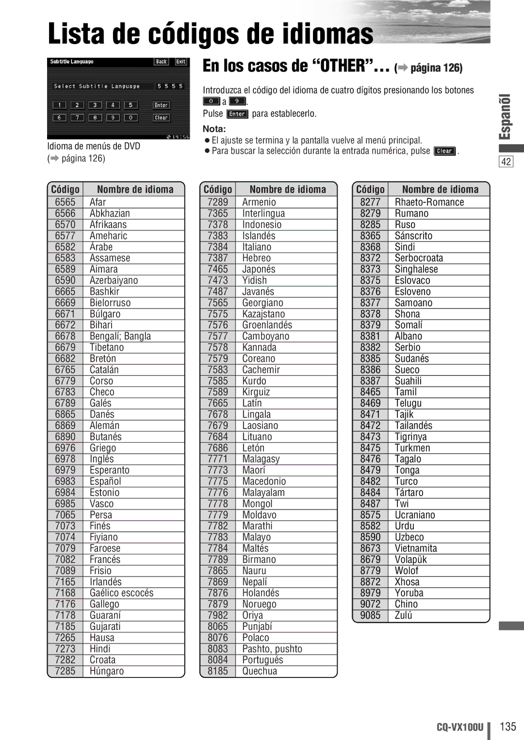 Panasonic CQ-VX100U warranty Lista de códigos de idiomas, En los casos de OTHER… a página, Nombre de idioma 