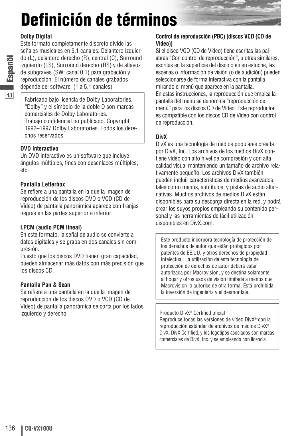 Panasonic CQ-VX100U warranty Definición de términos 