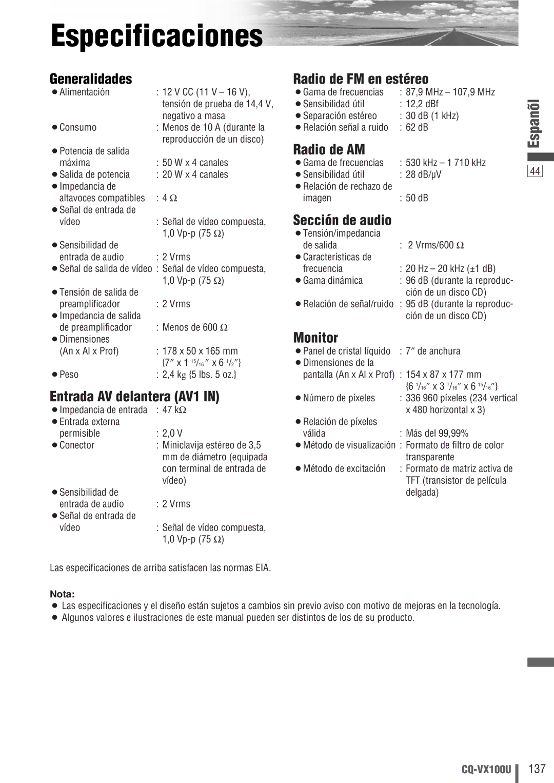 Panasonic CQ-VX100U warranty Especificaciones 