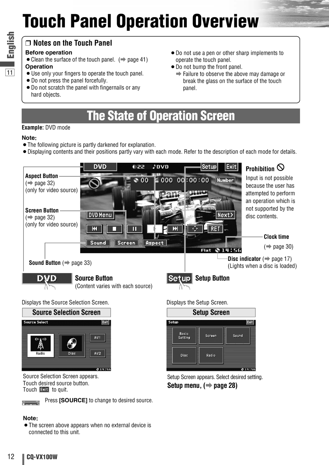 Panasonic CQ-VX100W manual Touch Panel Operation Overview, State of Operation Screen 