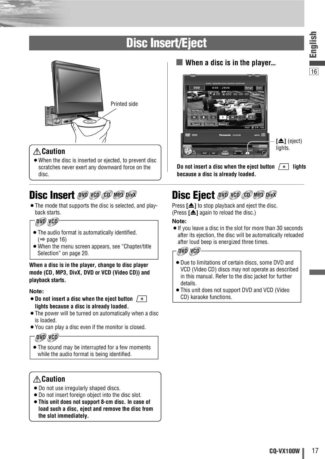 Panasonic CQ-VX100W Disc Insert/Eject, Disc Eject DVD VCD, When a disc is in the player, Because a disc is already loaded 