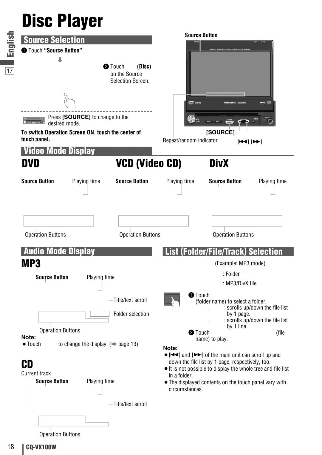 Panasonic CQ-VX100W manual Disc Player, VCD Video CD DivX 