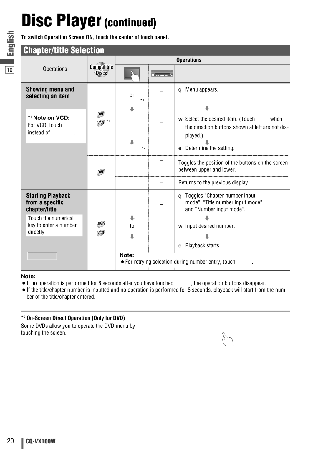 Panasonic CQ-VX100W manual Chapter/title Selection, Showing menu, From a specific 