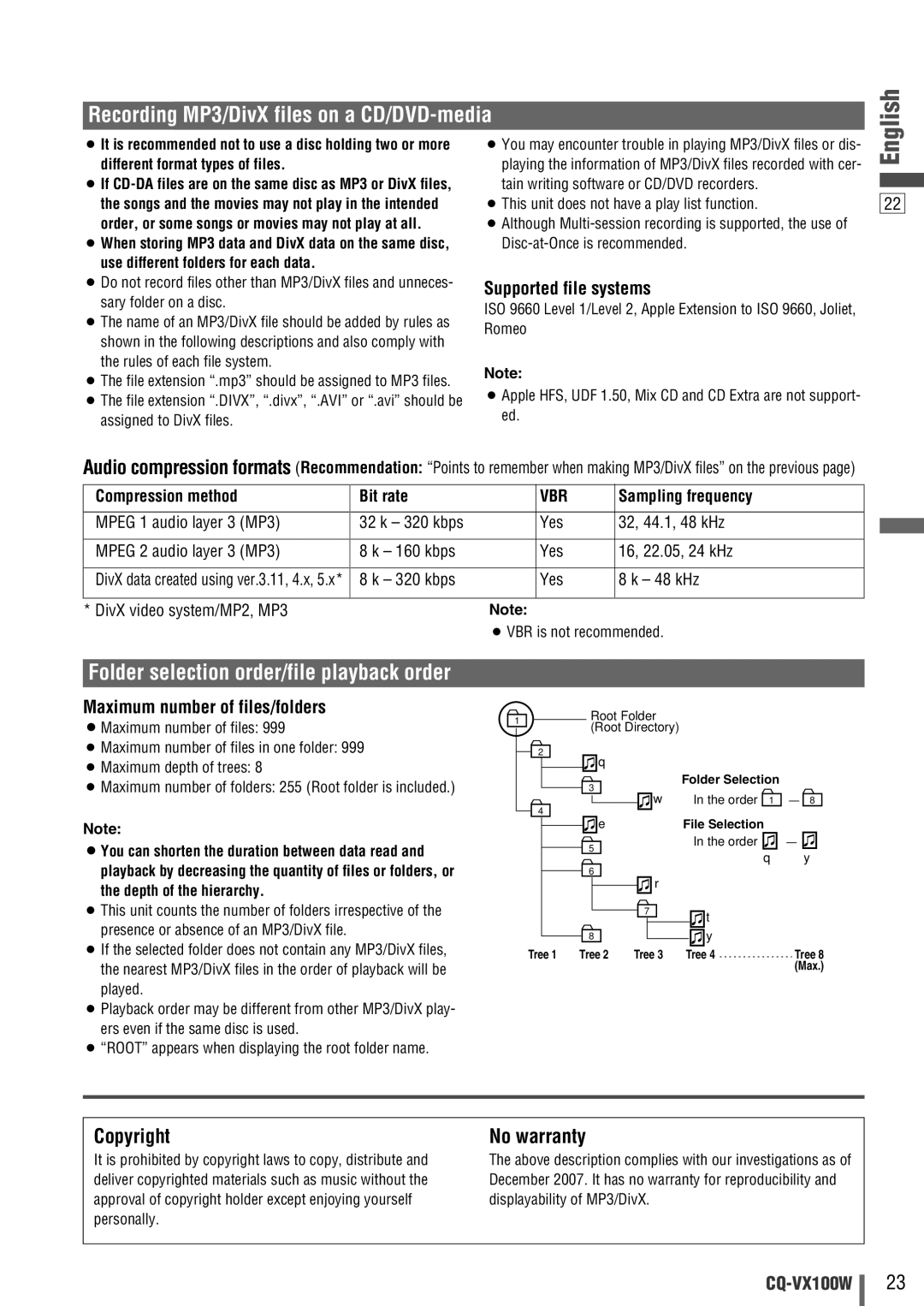 Panasonic CQ-VX100W manual Copyright, No warranty, Supported file systems, Maximum number of files/folders 