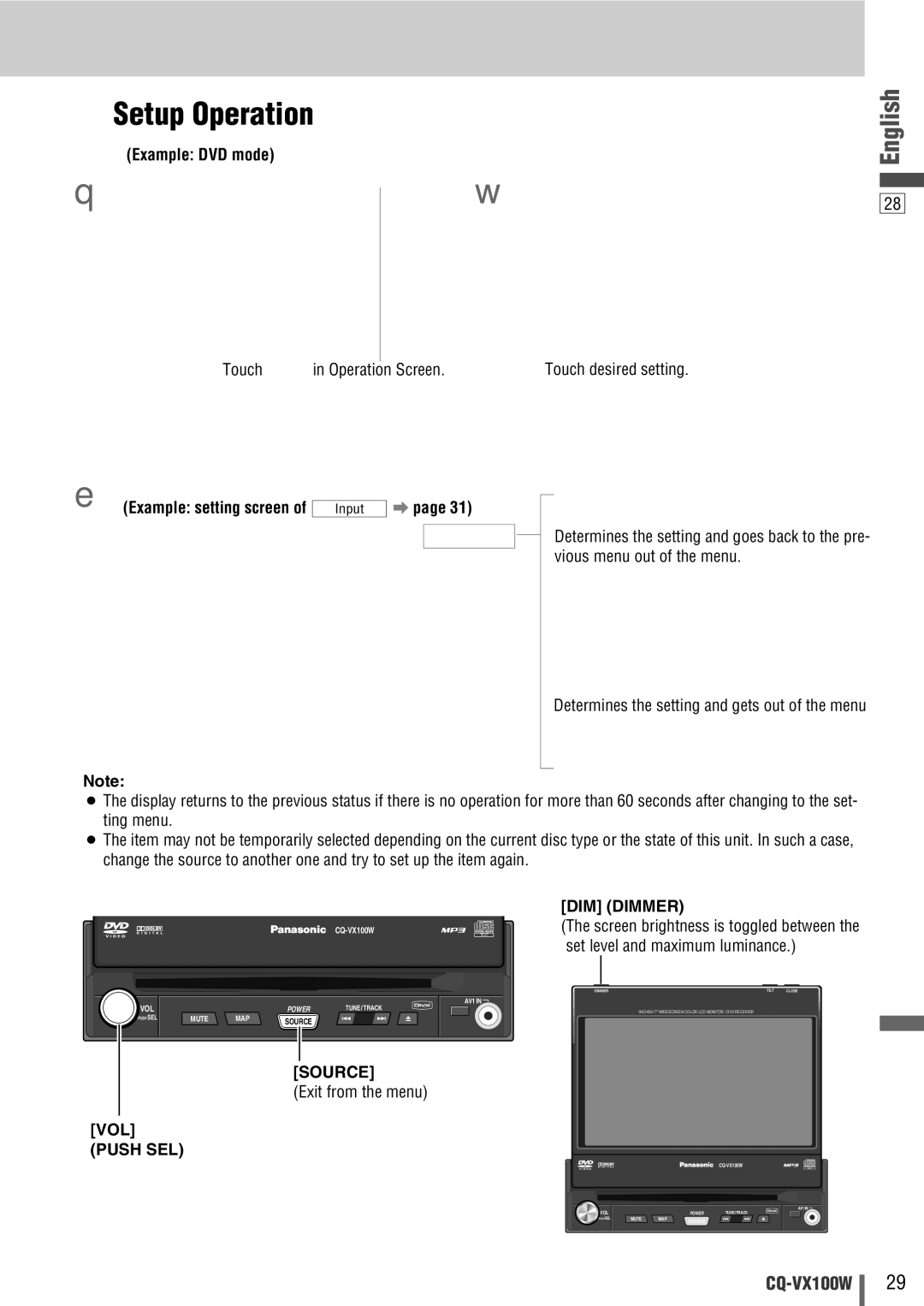 Panasonic CQ-VX100W manual Setup Operation, Touch Operation Screen, Example setting screen, Exit from the menu 