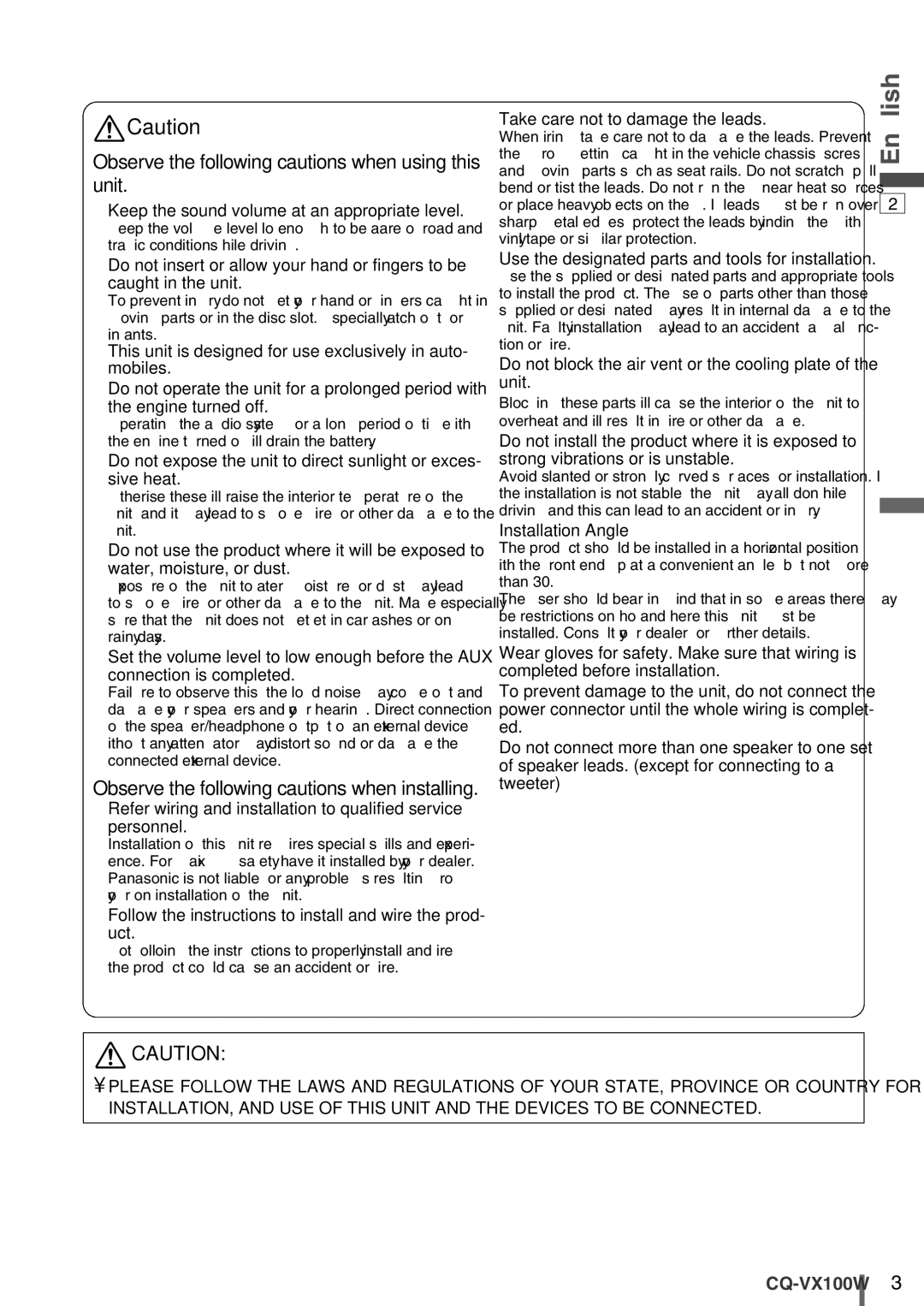 Panasonic CQ-VX100W manual Observe the following cautions when using this unit, Take care not to damage the leads 