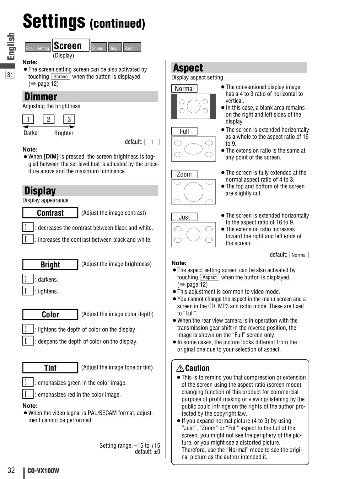 Panasonic CQ-VX100W manual Dimmer, Display, Aspect 