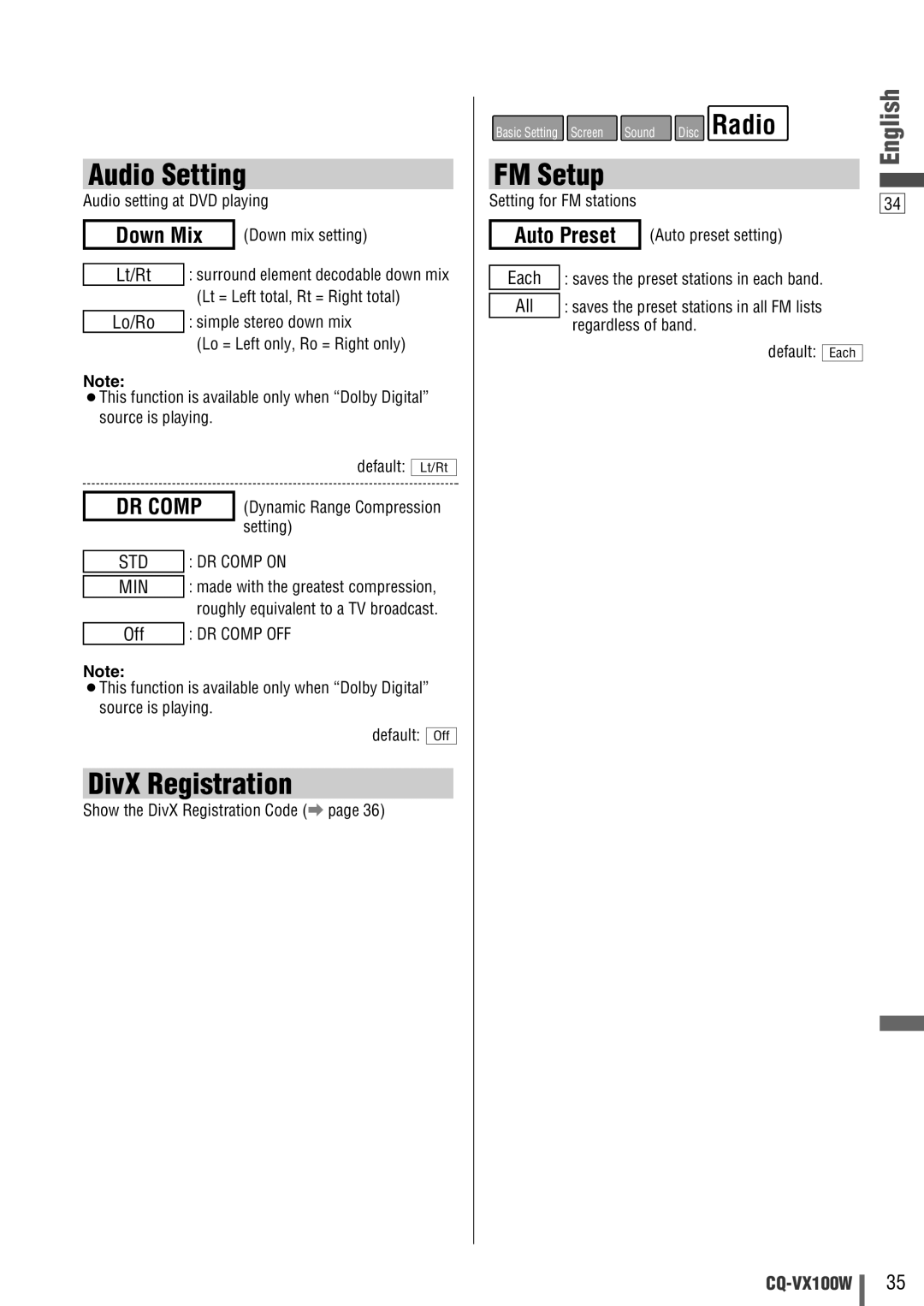 Panasonic CQ-VX100W manual Audio Setting, DivX Registration, FM Setup, Down Mix, Auto Preset 