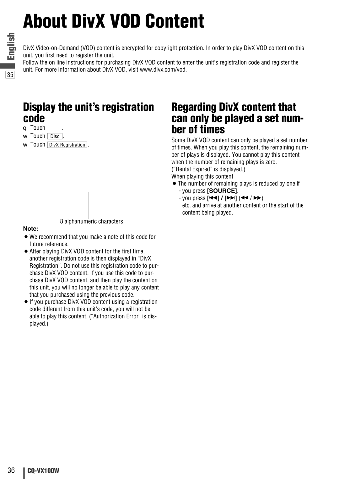 Panasonic CQ-VX100W manual About DivX VOD Content, Display the unit’s registration code, Touch . w Touch Disc 