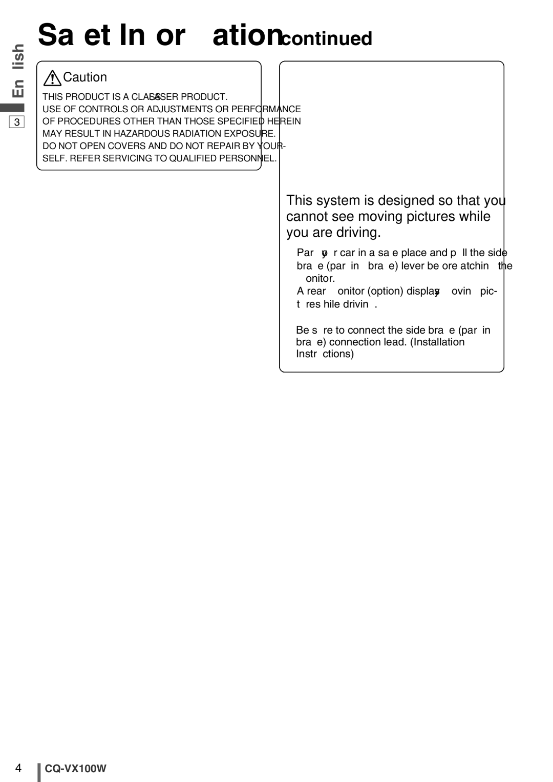 Panasonic CQ-VX100W manual Safety Information 