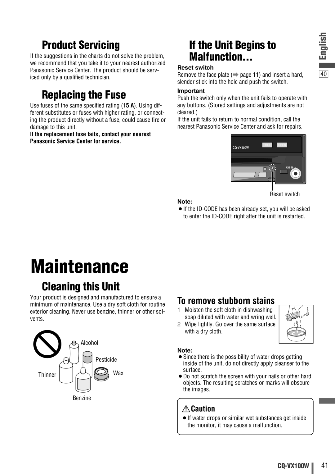 Panasonic CQ-VX100W manual Maintenance, Product Servicing, Replacing the Fuse, If the Unit Begins to Malfunction 