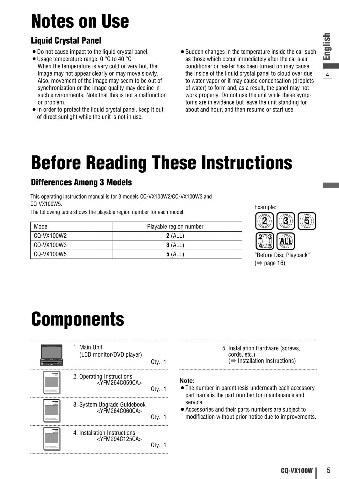 Panasonic CQ-VX100W manual Before Reading These Instructions, Components 