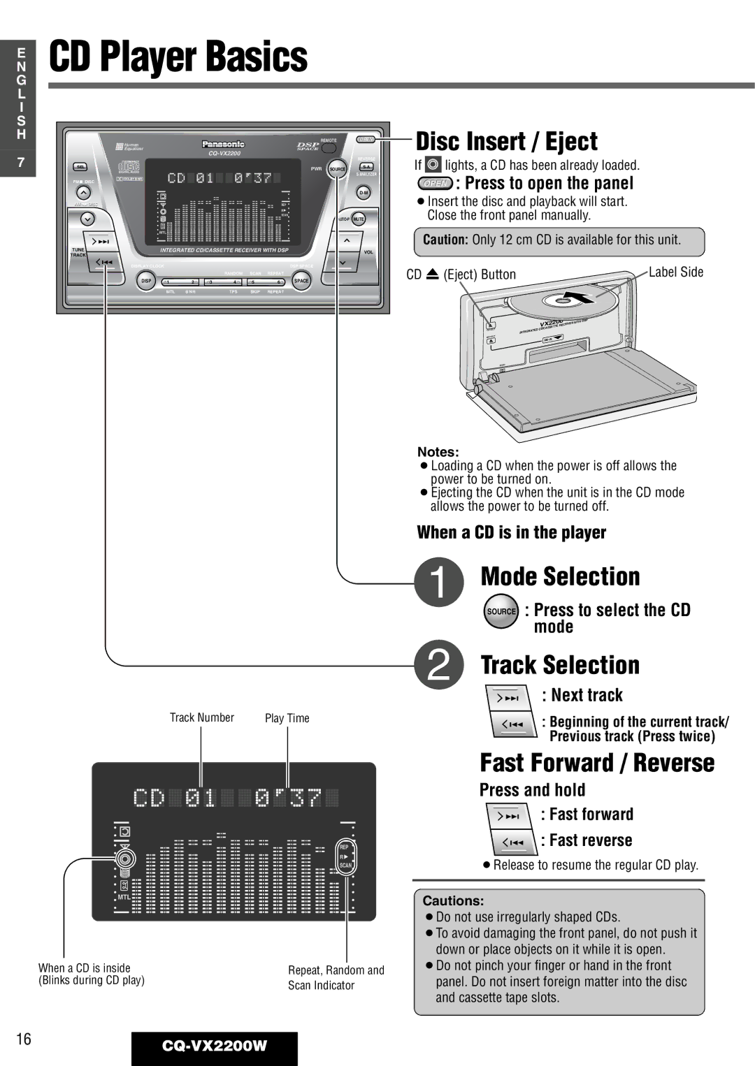 Panasonic CQ-VX2200W operating instructions Disc Insert / Eject, Track Selection 