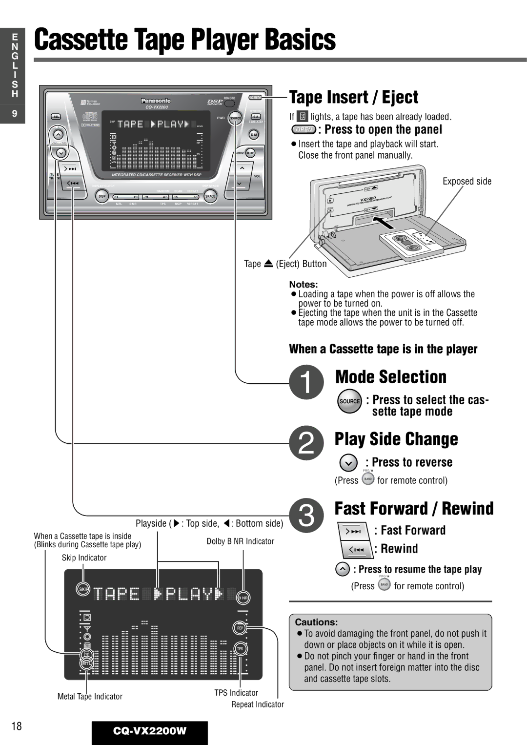 Panasonic CQ-VX2200W operating instructions Tape Insert / Eject, Play Side Change, Fast Forward / Rewind 