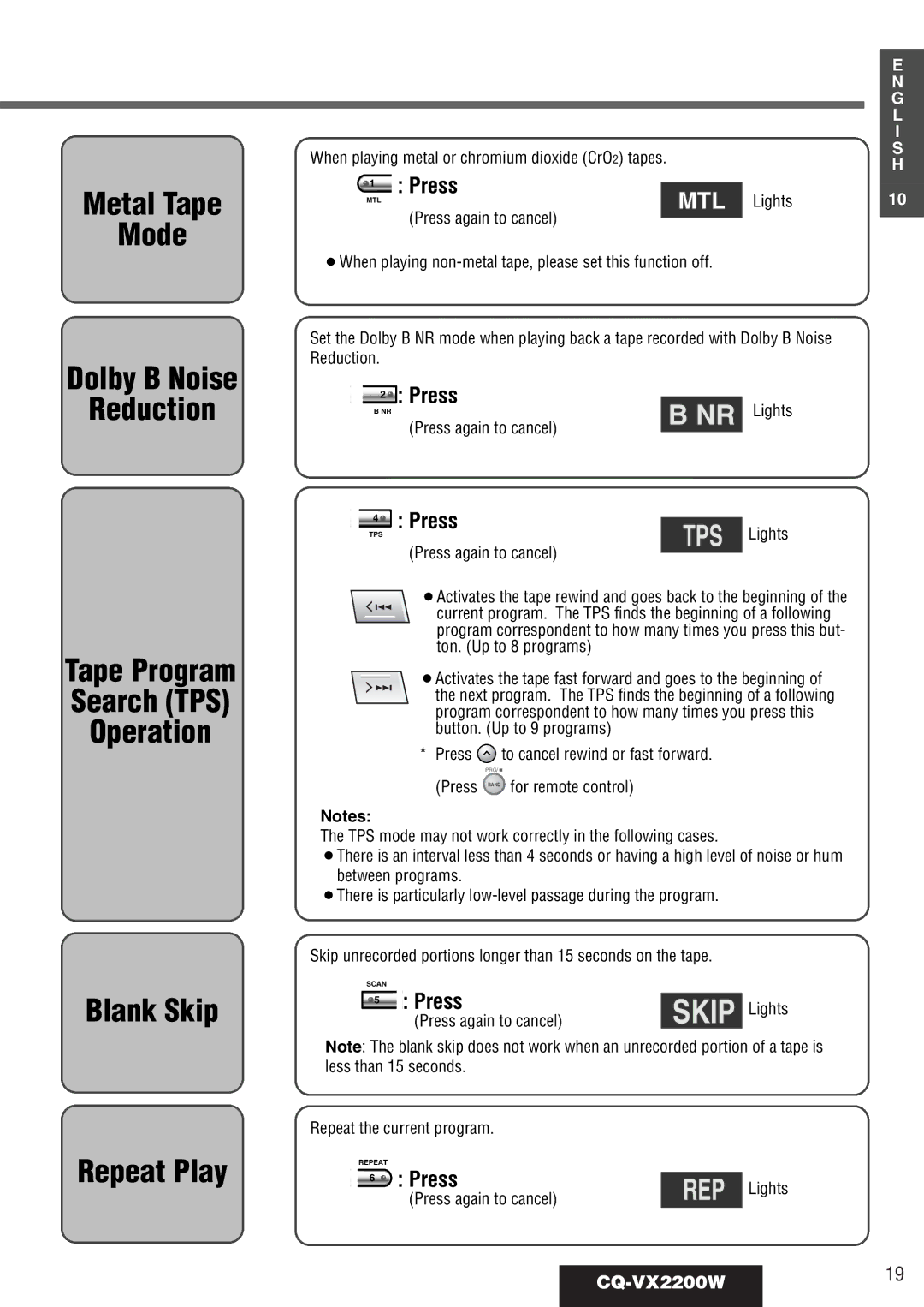 Panasonic CQ-VX2200W operating instructions MTL Lights, Press again to cancel 