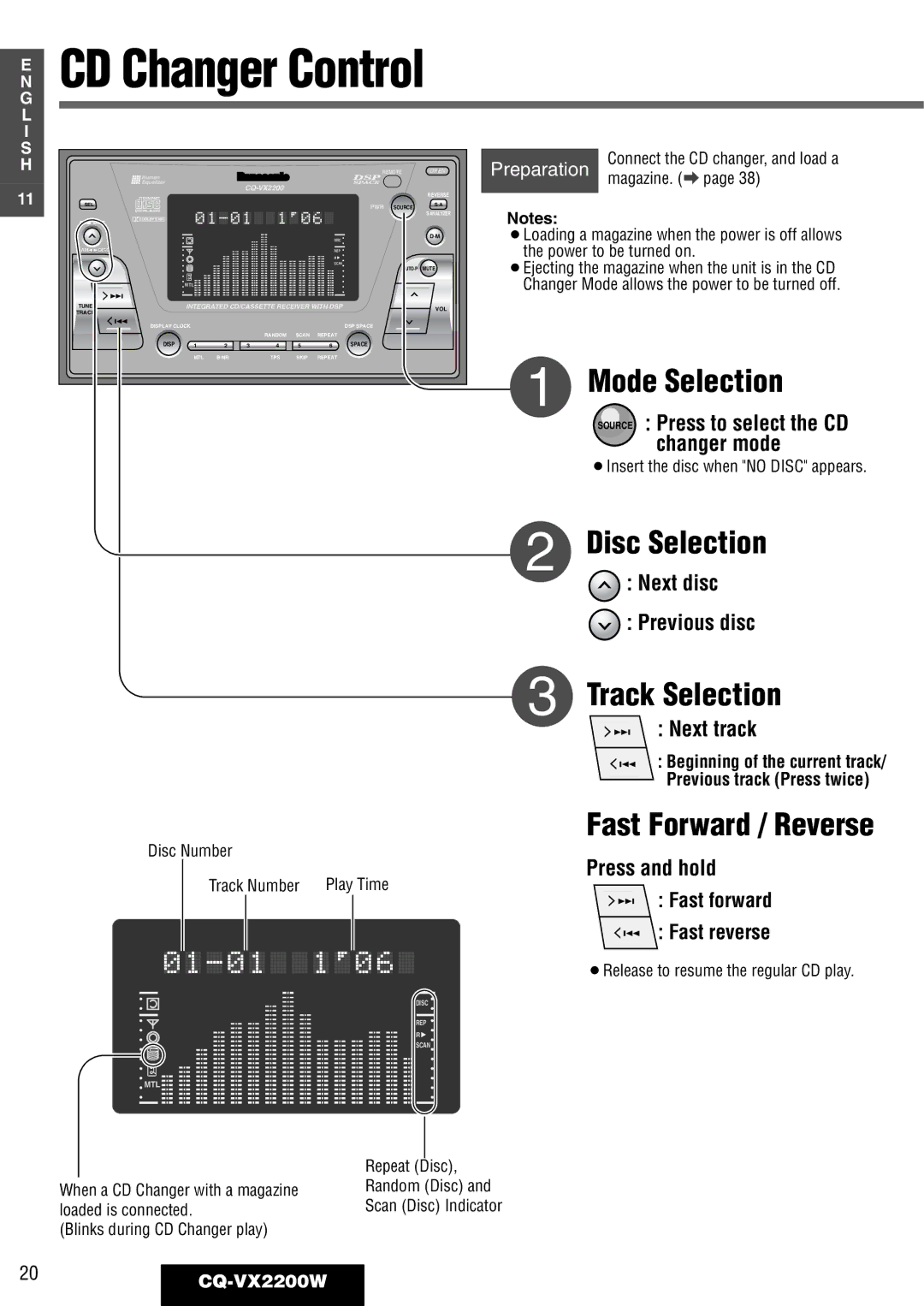 Panasonic CQ-VX2200W Disc Selection, Changer mode, Next disc Previous disc, Fast forward Fast reverse 