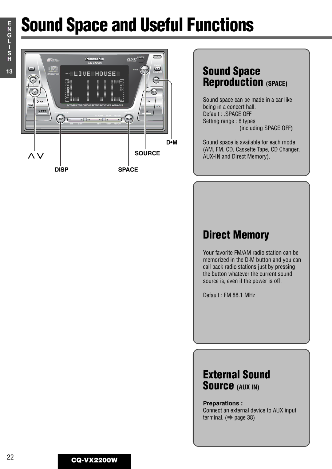 Panasonic CQ-VX2200W operating instructions Sound Space, Direct Memory, External Sound, Source AUX 