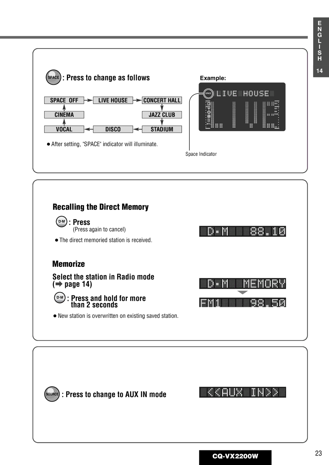 Panasonic CQ-VX2200W Space Press to change as follows, ·M Press, Source Press to change to AUX in mode, Example 