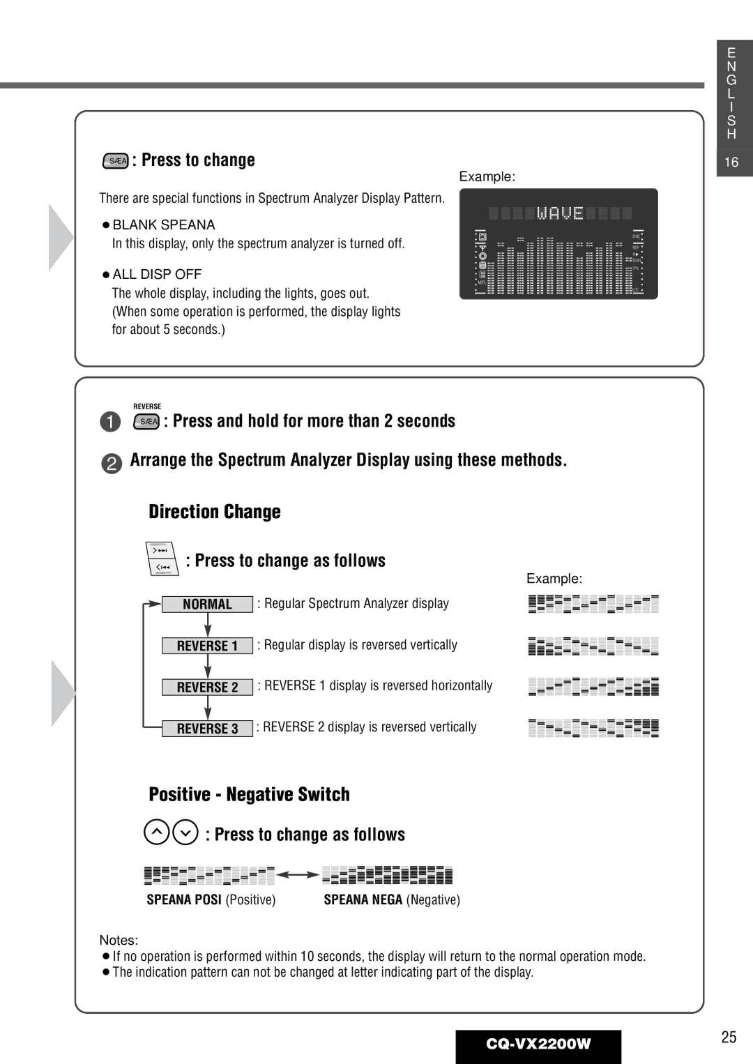 Panasonic CQ-VX2200W operating instructions ·A Press to change, Press to change as follows, Speana Posi Positive 